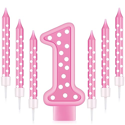 Birthday Candle Number 1 Girls 3 Inch Hot Pink Candle and 6 Pcs Polka Dot Birthday Candles 3.8 Inch First Party Cake Birthday Decorations for Girl