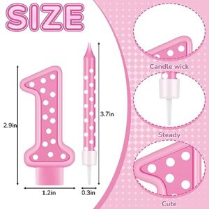 Birthday Candle Number 1 Girls 3 Inch Hot Pink Candle and 6 Pcs Polka Dot Birthday Candles 3.8 Inch First Party Cake Birthday Decorations for Girl