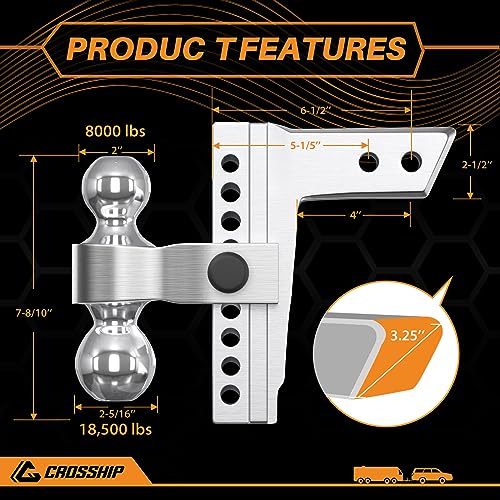 CROSSHIP Adjustable Trailer Hitch Ball Mount-Fit 2.5" Receiver, 8 Inch Drop/Rise Aluminum Drop Hitch with 2'' & 2-5/16'' Solid Dual Balls 18,500 LBS GTW-Tow Hitch for Heavy Duty Truck with Double Lock