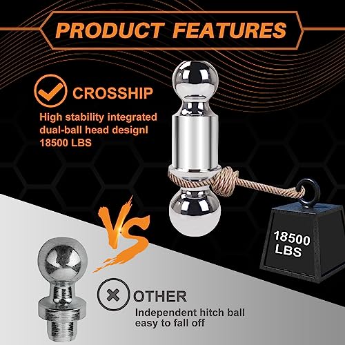 CROSSHIP Adjustable Trailer Hitch Ball Mount-Fit 2.5" Receiver, 8 Inch Drop/Rise Aluminum Drop Hitch with 2'' & 2-5/16'' Solid Dual Balls 18,500 LBS GTW-Tow Hitch for Heavy Duty Truck with Double Lock