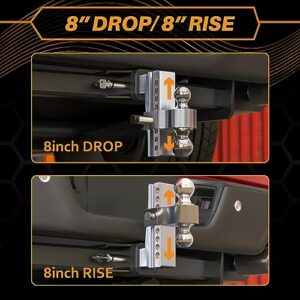 CROSSHIP Adjustable Trailer Hitch Ball Mount-Fit 2.5" Receiver, 8 Inch Drop/Rise Aluminum Drop Hitch with 2'' & 2-5/16'' Solid Dual Balls 18,500 LBS GTW-Tow Hitch for Heavy Duty Truck with Double Lock