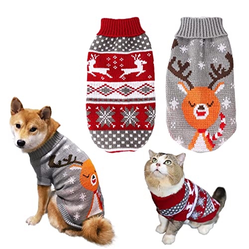 2Pack Dog Sweater Pet Reindeer Snowflake Sweaters for Cats and Small Dogs (Small)