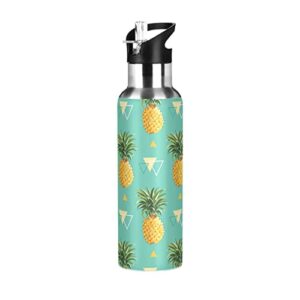 sports water bottle - bpa free leakproof vacuum pineapple and triangle pattern insulated stainless steel water jug, thermo bottle with straw lid for gym, kitchen, working, outdoor sport