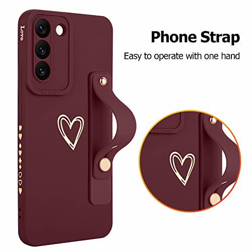 Fiyart Designed for Galaxy S22 Plus Case with Phone Stand Holder Cute Love Hearts Slim Protective Camera Protection Cover with Wrist Strap for Women Girls for Galaxy S22+ Plus 6.6"-Wine Red