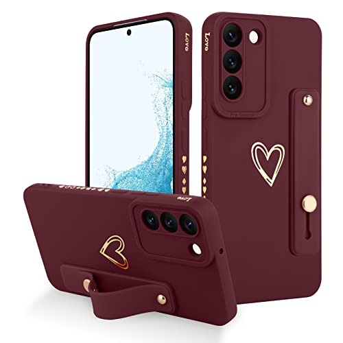 Fiyart Designed for Galaxy S22 Plus Case with Phone Stand Holder Cute Love Hearts Slim Protective Camera Protection Cover with Wrist Strap for Women Girls for Galaxy S22+ Plus 6.6"-Wine Red