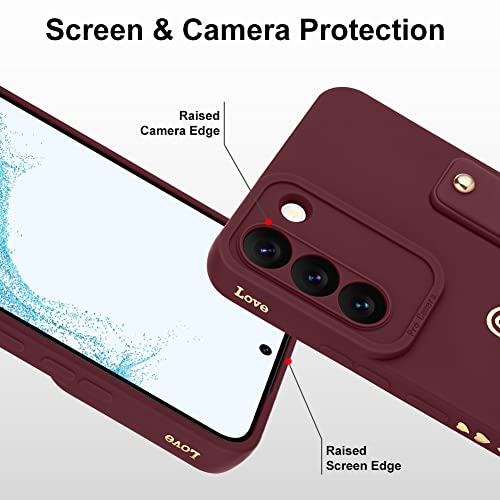 Fiyart Designed for Galaxy S22 Plus Case with Phone Stand Holder Cute Love Hearts Slim Protective Camera Protection Cover with Wrist Strap for Women Girls for Galaxy S22+ Plus 6.6"-Wine Red
