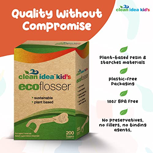 Clean Idea Kids EcoFlosser Pick - 200 Picks- Kids Flossers - Flossers for Kids - Floss Pick - Kids Dental Floss Pick - Floss Pick for Kids - Reach Teeth Easily - Floss Sticks for Kids and Toddlers