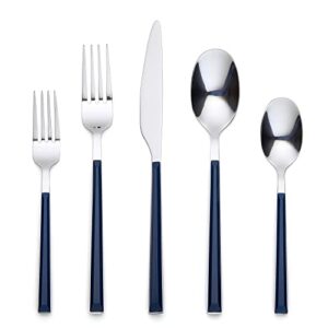 20 piece blue plastic handle flatware set for 4, ornative iris silverware, includes knives, forks, spoons, stainless steel cutlery silverware set, dishwasher safe utensil for home kitchen restaurant