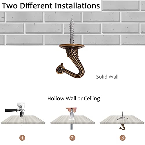 SEISSO 3 Sets Ceiling Hooks for Hanging Plants，Heavy Duty Metal Swag Hook with Hardware and Toggle Wings for Ceiling Installation Cavity Wall Fixing（Brass）