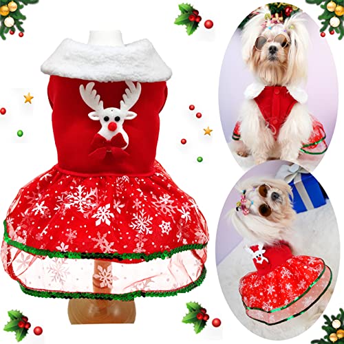 Dog Christmas Dress Costume Puppy Cold Weather Clothes Sweaters for Small Dogs Red Skirt Santa Claus Pet Costumes Reindeer Christmas Outfits Winter Warm Jacket Coat Holiday Xmas Party Costume Apparel