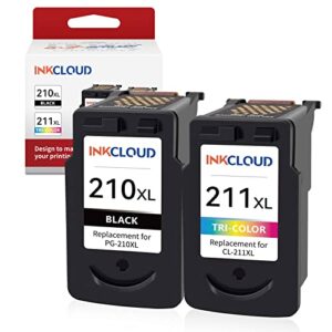 inkcloud 210xl 211xl remanufactured ink cartridge compatible with canon pg-210xl cl-211xl for pixma ip2702 mp230 mp240 mp250 mp280 mp480 mp490 mp495 mx320 mx330 mx340 printer (1 black, 1 tri-color)
