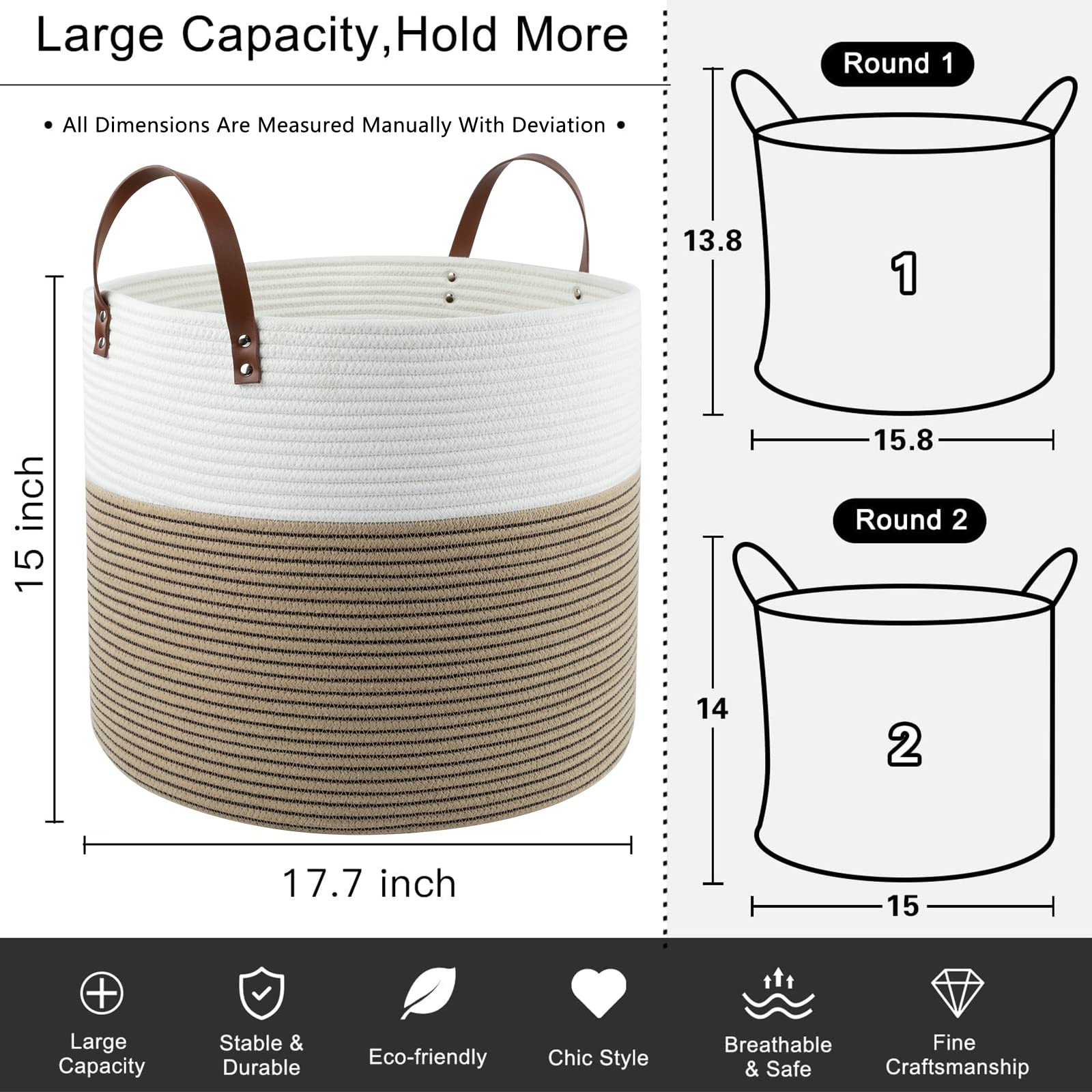 OIAHOMY Laundry Basket- Rope Basket Large Storage Basket with Handles,Modern Decorative Woven Basket for Living Room,Storage Baskets for Toys, Throws, Pillows,and Towels -18"18"×15"-White&Yellow