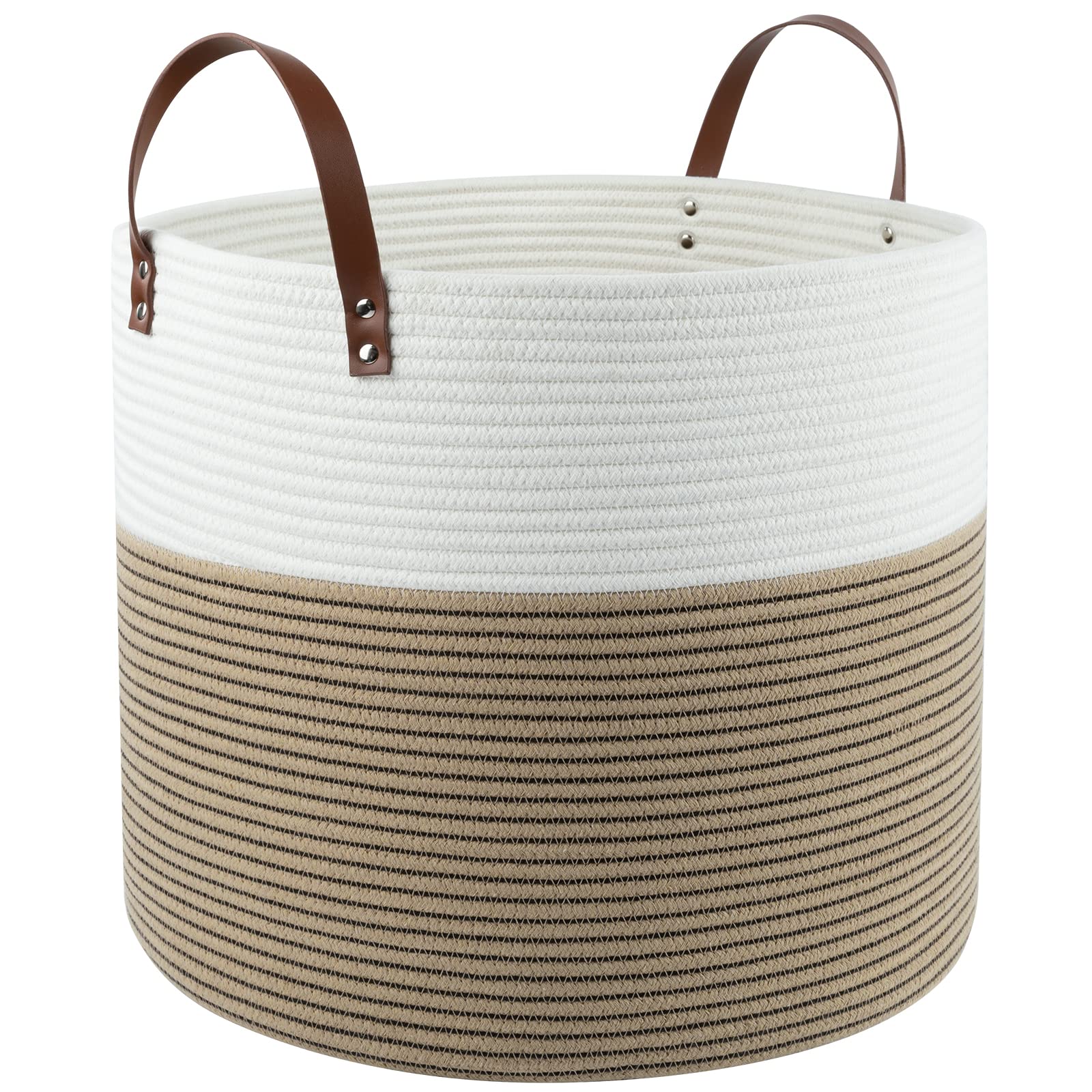 OIAHOMY Laundry Basket- Rope Basket Large Storage Basket with Handles,Modern Decorative Woven Basket for Living Room,Storage Baskets for Toys, Throws, Pillows,and Towels -18"18"×15"-White&Yellow