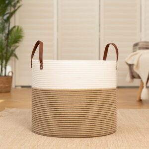 OIAHOMY Laundry Basket- Rope Basket Large Storage Basket with Handles,Modern Decorative Woven Basket for Living Room,Storage Baskets for Toys, Throws, Pillows,and Towels -18"18"×15"-White&Yellow