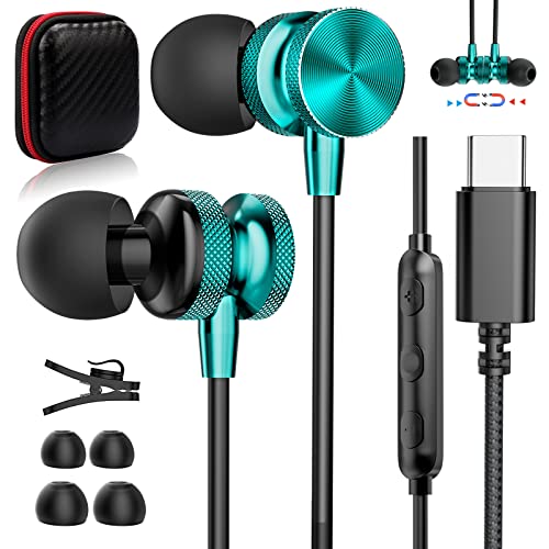 USB Type C Headphones for iPhone 15 Plus Earbuds with Mic, USB C Earphones In Ear Wired Magnetic Noise Canceling Headset for iPad Samsung S23 FE Fold 5 4 Flip 3 S22 S21 S20 Pixel 8 Pro 7 OnePlus 10T 9