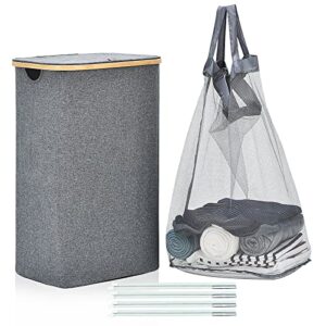 edergoo laundry basket with lid 100l, laundry hamper with premium bamboo handle, dirty clothes hampers for laundry, 27.6" tall bathroom laundry basket freestanding with removable bag, grey