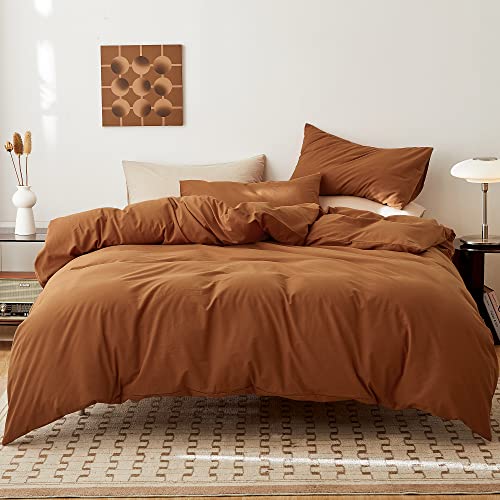 FANSTIVE Duvet Cover Queen, 100% Washed Cotton Linen Like Super Soft and Breathable, 3 Pieces Burnt Orange Bedding Duvet Covers, Farmhouse Comforter Cover Set with Zipper Closure(No Comforter)