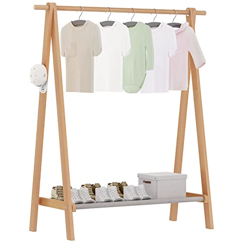 FekCits Kids Clothing Rack Dress Up Storage with Storage Shelf, Natural Beech Child Garment Rack with 2 Hooks 37.5" L x 14.5" W x 39.5" H, Clothes Hanging Rack for Kids, Pets