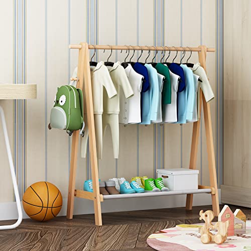 FekCits Kids Clothing Rack Dress Up Storage with Storage Shelf, Natural Beech Child Garment Rack with 2 Hooks 37.5" L x 14.5" W x 39.5" H, Clothes Hanging Rack for Kids, Pets