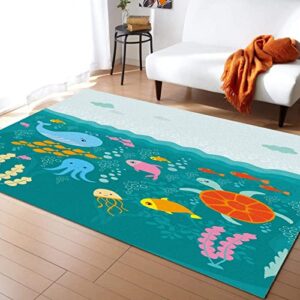 sea world collection shark kids rugs, octopus turtle sea-plant indoor non-slip area rugs, machine washable breathable durable floor carpet for decor living room bedroom home mat (5'w x 8'l)