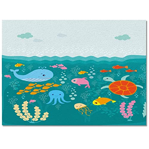 Sea World Collection Shark Kids Rugs, Octopus Turtle Sea-Plant Indoor Non-Slip Area Rugs, Machine Washable Breathable Durable Floor Carpet for Decor Living Room Bedroom Home Mat (5'W x 8'L)