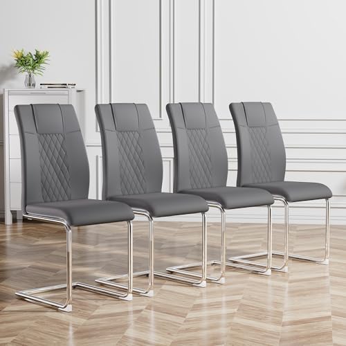 Baysitone Modern Dining Chairs Set of 4, Grey Dining Room Chairs, Metal Kitchen Chairs with Leather Padded Seat High Back, Chairs for Dining Room, Kitchen, Living Room