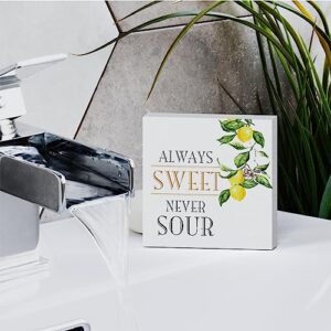 Modern Always Sweet Never Sour Wooden Box Sign Table Decor Plaque Funny Lemon Quote Wood Box Sign Art Home Kitchen Shelf Desk Decoration 5 x 5 Inches