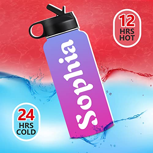 Personalized Insulated Water Bottle with Straw, Christmas Birthday Gift for Kids Women Men, Custom Stainless Steel Thermoses Cup with Name or Text, Gradient, 32OZ