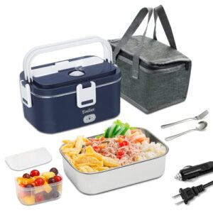 Timilon Electric Lunch Box Food Heater 60W Food Warmer Portable Self Heating Lunch Box for Car/Truck/Home with 1.8L Removable Stainless Steel Container Fork & Spoon (White+Dark Blue)