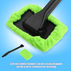TOPINCN Windshield Tool, Car Window Cleaner with Unbreakable Extendable Long Reach Handle and Washable Reusable Microfiber Cloth(Green)