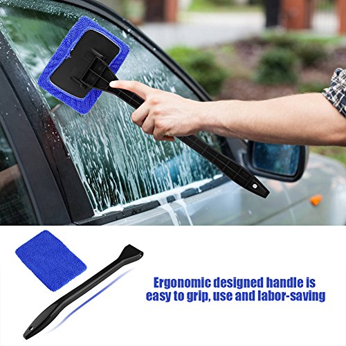 TOPINCN Windshield Tool, Car Window Cleaner with Unbreakable Extendable Long Reach Handle and Washable Reusable Microfiber Cloth(Green)