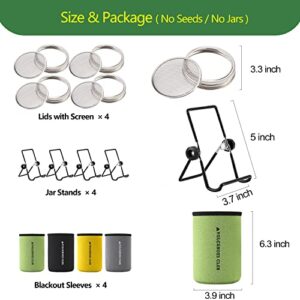 VOLCANOES CLUB Seed Sprouting Jar Germination Kit Accessories - Sprout Lids for Wide Mouth Mason Jar/Jar Stands/Blackout Sleeves - For Growing Bean Sprouts, Broccoli, Alfalfa, Microgreens (4 PACK)