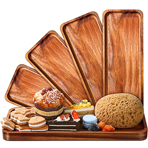 5 Pack Solid Acacia Wood Serving Trays, 14 x 5.5 Inches Rectangular Wooden Serving Board for Food Appetizer Serving Tray Plates for Vegetables Fruit Charcuterie Cheese Platters Home Kitchen Decor