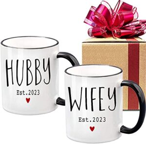hubby & wifey est 2023 coffee mugs set of 2, bride groom mug set, wedding gift to give, couples coffee mug set, newlywed coffee mugs gift set, mr & mrs bridal shower gift(black handle)-37