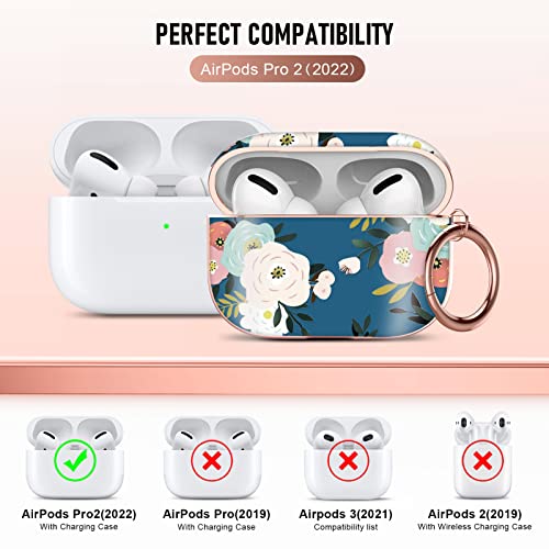Youskin Airpod Pro 2 Case 2022 Flower Cute, AirPod Pro 2nd Generation Case, Rose Golden Plating Airpods Pro Case with Keychain，Shockproof Protective Case for AirPod Pro 2 2022，Blue Red Flower