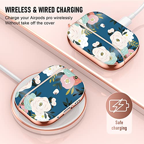 Youskin Airpod Pro 2 Case 2022 Flower Cute, AirPod Pro 2nd Generation Case, Rose Golden Plating Airpods Pro Case with Keychain，Shockproof Protective Case for AirPod Pro 2 2022，Blue Red Flower