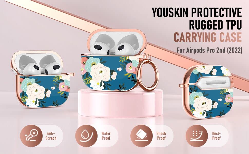 Youskin Airpod Pro 2 Case 2022 Flower Cute, AirPod Pro 2nd Generation Case, Rose Golden Plating Airpods Pro Case with Keychain，Shockproof Protective Case for AirPod Pro 2 2022，Blue Red Flower