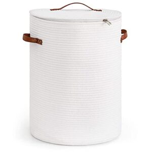 chicvita tall laundry basket with lid, white clothes laundry hamper for nursery, cotton rope storage basket for clothes, blankets, toys, laundry bin, 15 x 20 inches