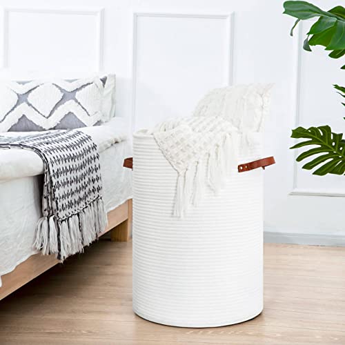 CHICVITA Tall Laundry Basket with Lid, White Clothes Laundry Hamper for Nursery, Cotton Rope Storage Basket for Clothes, Blankets, Toys, Laundry Bin, 15 x 20 inches