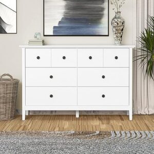 lynsom dresser for bedroom, modern white dresser with deep drawers, 6 drawer double dresser with black knobs and solid wood legs