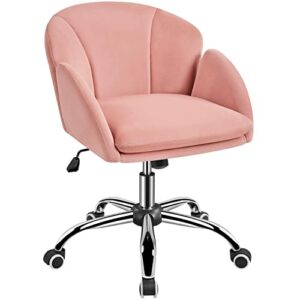 yaheetech cute velvet desk chair for home office, makeup vanity chair with armrests for bedroom modern swivel rolling chair for women pink