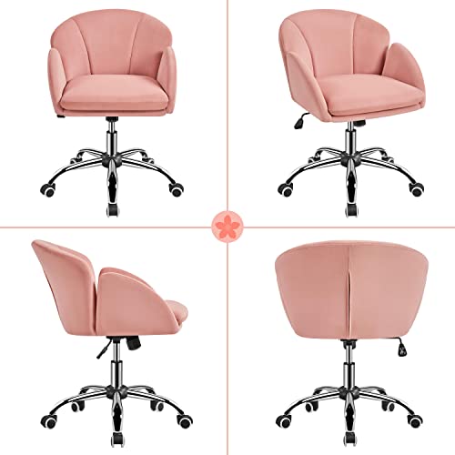 Yaheetech Cute Velvet Desk Chair for Home Office, Makeup Vanity Chair with Armrests for Bedroom Modern Swivel Rolling Chair for Women Pink