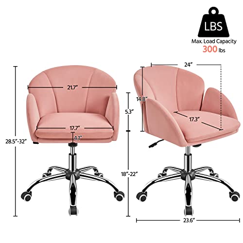 Yaheetech Cute Velvet Desk Chair for Home Office, Makeup Vanity Chair with Armrests for Bedroom Modern Swivel Rolling Chair for Women Pink