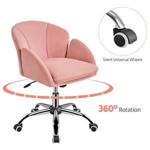 Yaheetech Cute Velvet Desk Chair for Home Office, Makeup Vanity Chair with Armrests for Bedroom Modern Swivel Rolling Chair for Women Pink