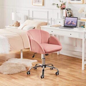 Yaheetech Cute Velvet Desk Chair for Home Office, Makeup Vanity Chair with Armrests for Bedroom Modern Swivel Rolling Chair for Women Pink