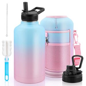 bicyclestore 64 oz insulated water bottle with straw and strap, half gallon stainless steel water bottle leak proof double vacuum metal water jug giant water flask with 2 lid for travel runing fitness