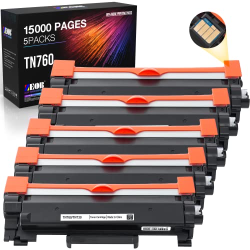 TN760 15000 Pages 5 Packs Toner Cartridge Replacement with Chip for Brother TN-730 TN-760 Black High Yield for Printer DCP-L2550DW HLL2395DW