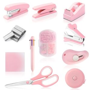 pink desk accessory kit cute office supplies set desktop stapler set includes staple remover hole punch tape dispenser ballpoint pen scissor mini box cutter tape measure paper clips sticky notes