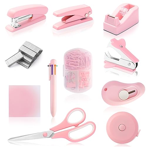 Pink Desk Accessory Kit Cute Office Supplies Set Desktop Stapler Set Includes Staple Remover Hole Punch Tape Dispenser Ballpoint Pen Scissor Mini Box Cutter Tape Measure Paper Clips Sticky Notes