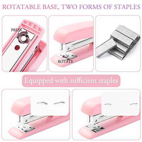 Pink Desk Accessory Kit Cute Office Supplies Set Desktop Stapler Set Includes Staple Remover Hole Punch Tape Dispenser Ballpoint Pen Scissor Mini Box Cutter Tape Measure Paper Clips Sticky Notes